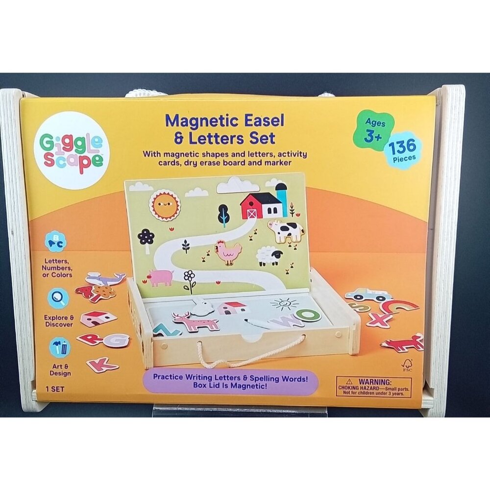 Gigglescape Magnetic Easel & Letters Set 136 Pieces Ages 3+ Wooden Box & Cards